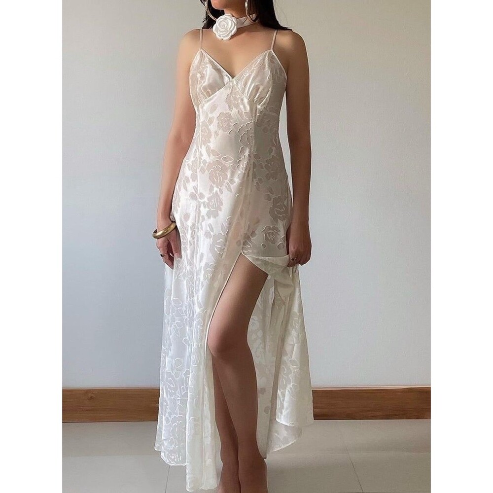 Victoria’s Secret Y2K Satin Floral Slip Dress Maxi Bias Cut High Slit Ivory M